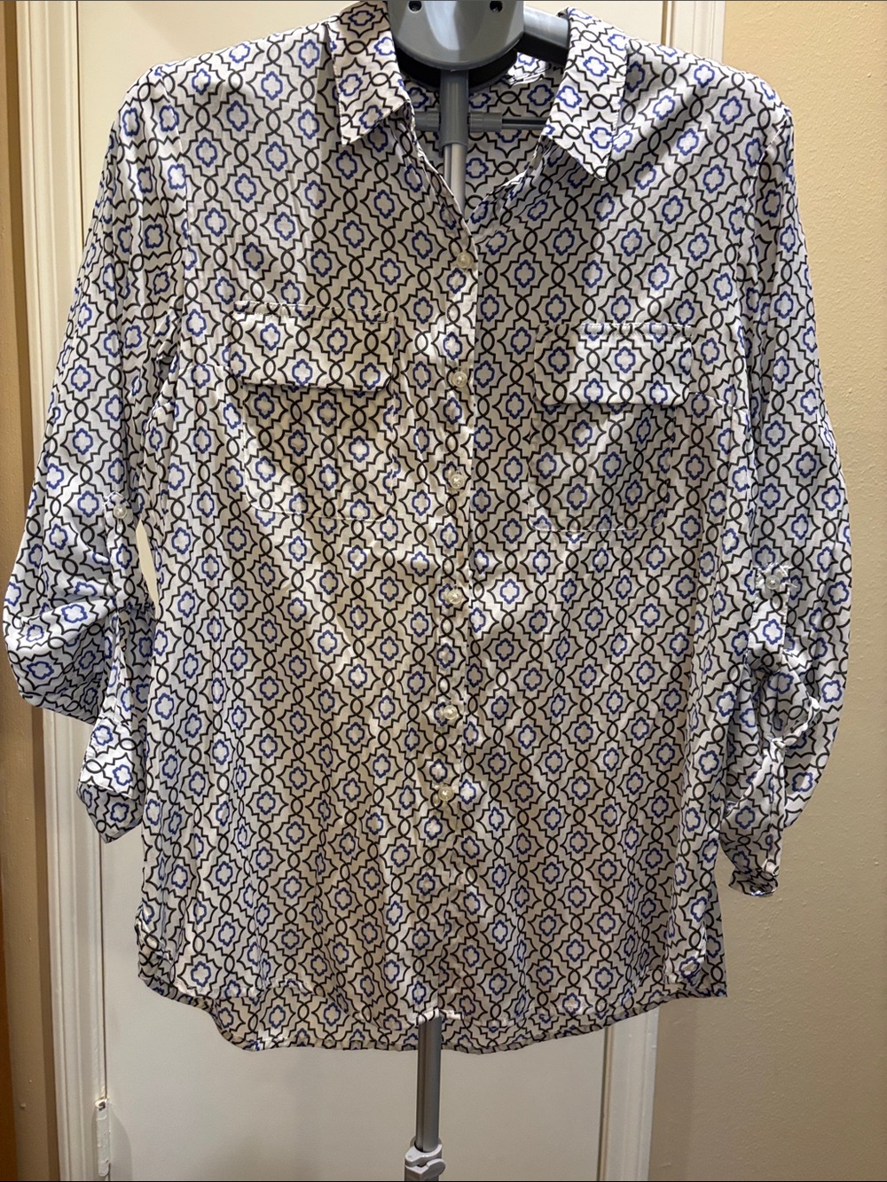 Express Cream and Navy Geometric Button-Down Blouse
